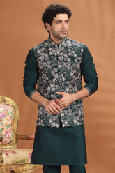 Bottle Green Silk Sequin Embroidered Kurta Pajama with Jacket